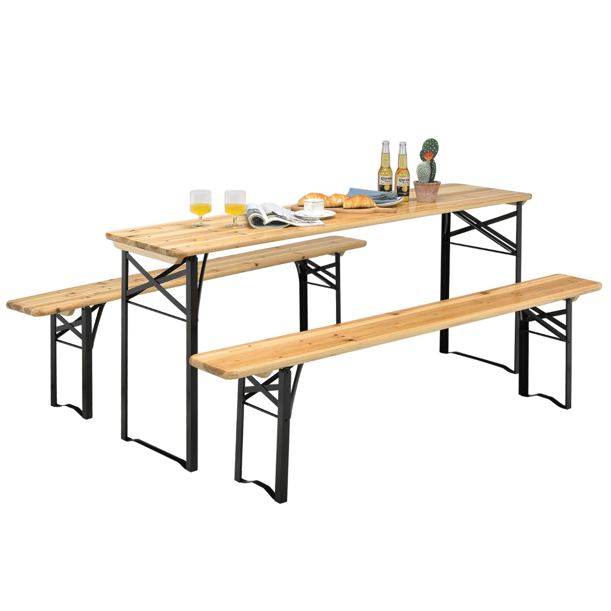Costway Juego de Mesa y Banco de Picnic de 3 Piezas Mesa de Cerveza Plegable con 2 Asientos Marco de Acero para Patio Terraza al Aire Libre Natural
