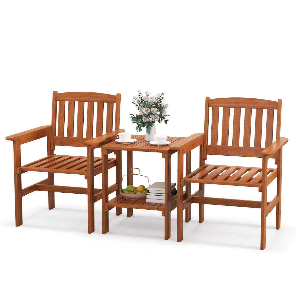 Costway Juego de Mesa y Sillas de Bistró para Patio de 3 Piezas Asiento de Conversación de Madera para Exterior con Orificio para Sombrilla