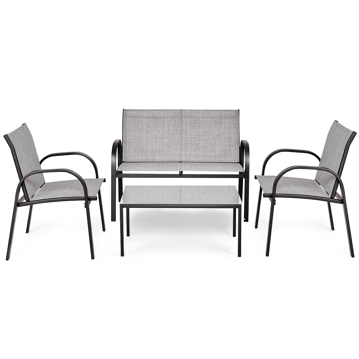 Costway Juego de Mesita y Sillón y Banco Muebles de Patio Mesa de Centro Mesita de Jardín de Hierro y Tela de Malla para Terraza Exterior Gris