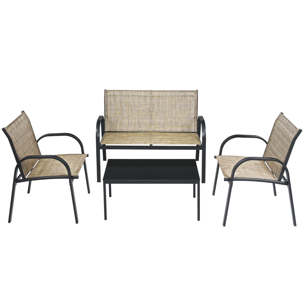 Costway Juego de Mesita y Sillón y Banco Muebles de Patio Mesa de Centro Mesita de Jardín de Hierro y Tela de Malla para Terraza Exterior Marrón