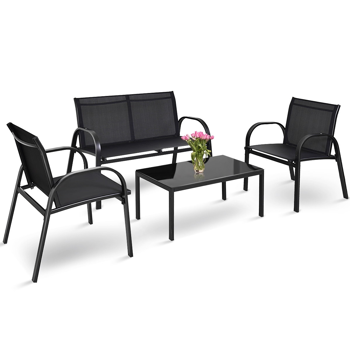 Costway Juego de Mesita y Sillón y Banco Muebles de Patio Mesa de Centro Mesita de Jardín de Hierro y Tela de Malla para Terraza Exterior Negro