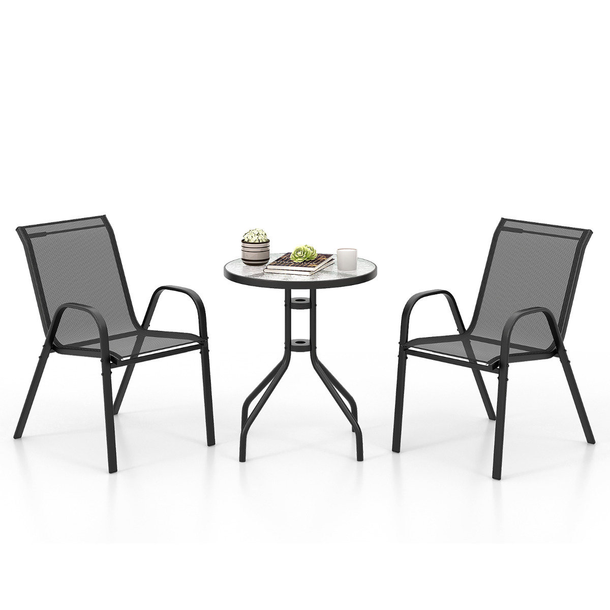 Costway Juego de Muebles Bistró 3 Piezas 2 Sillas Apilables 1 Mesa Auxiliar de Vidrio Templado Tela Transpirable Jardín Balcón Terraza Patio Negro