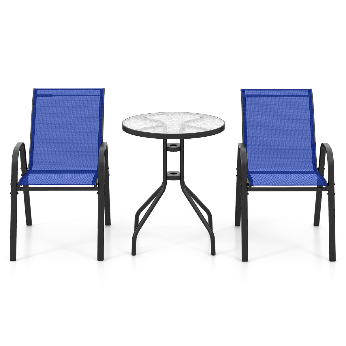 Costway Juego de Muebles Bistró de 3 Piezas 2 Sillas Textilene y 1 Mesa de Cristal Templado Set de Conversación para Patio Azul