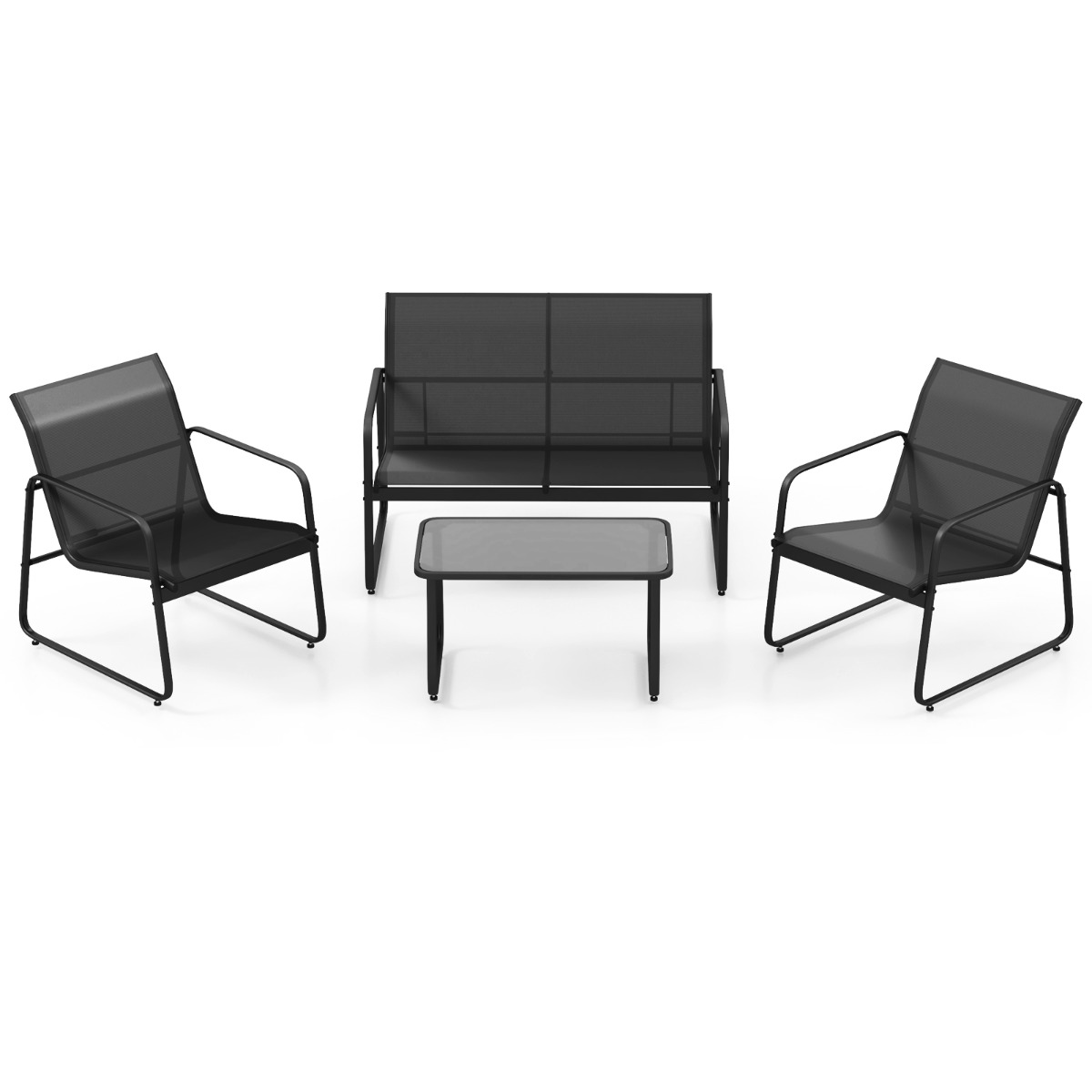 Costway Juego de Muebles de 4 Piezas para Patio Porche con Mesa de Centro de Vidrio Templado Tela Transpirable Marco de Metal Inoxidable Negro