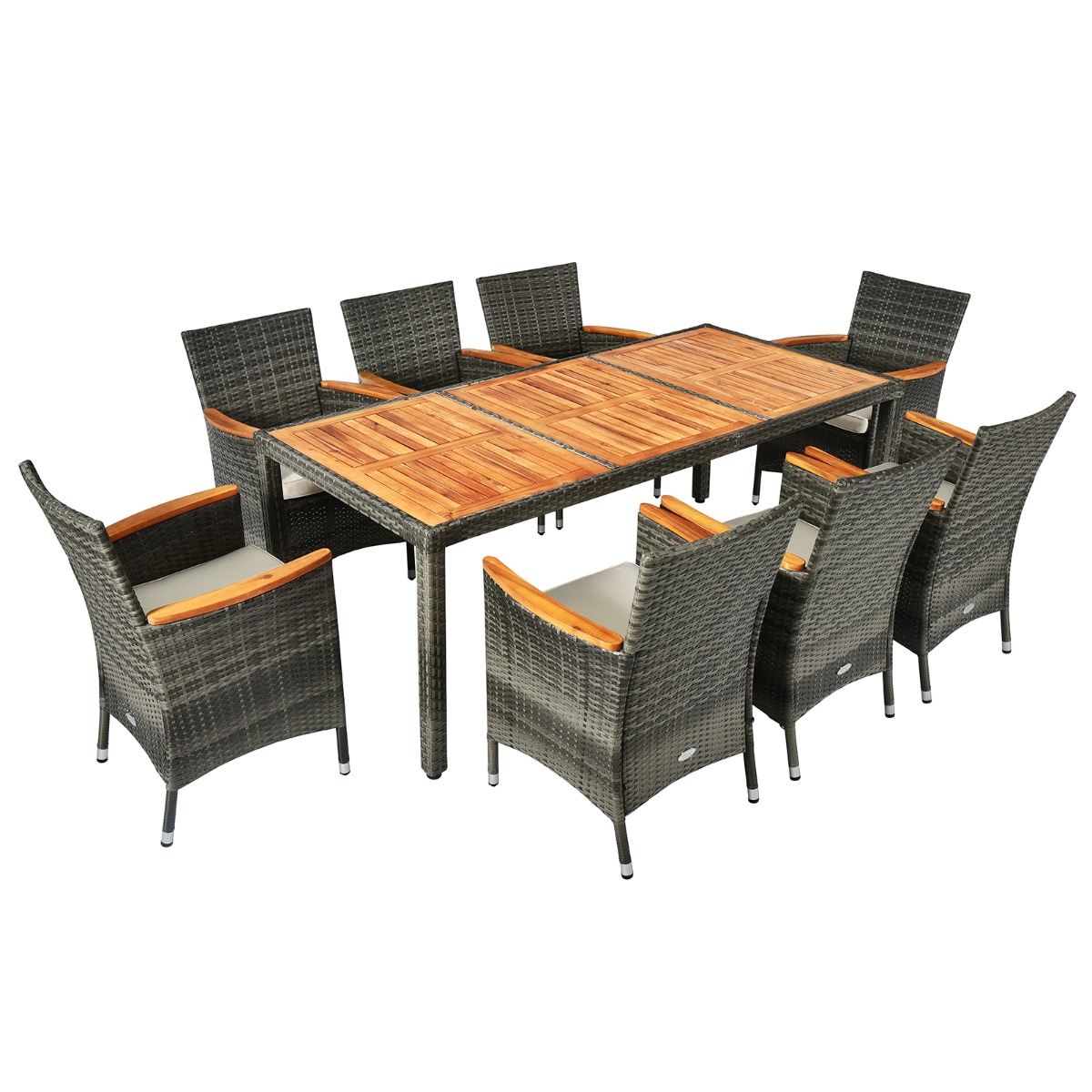 Costway Juego de Muebles de 9 Piezas de Acacia y PE Mimbre con 1 Mesa Rectangular 8 Sillas Cojines Set de Comedor de Ratán para Jardín y Piscina