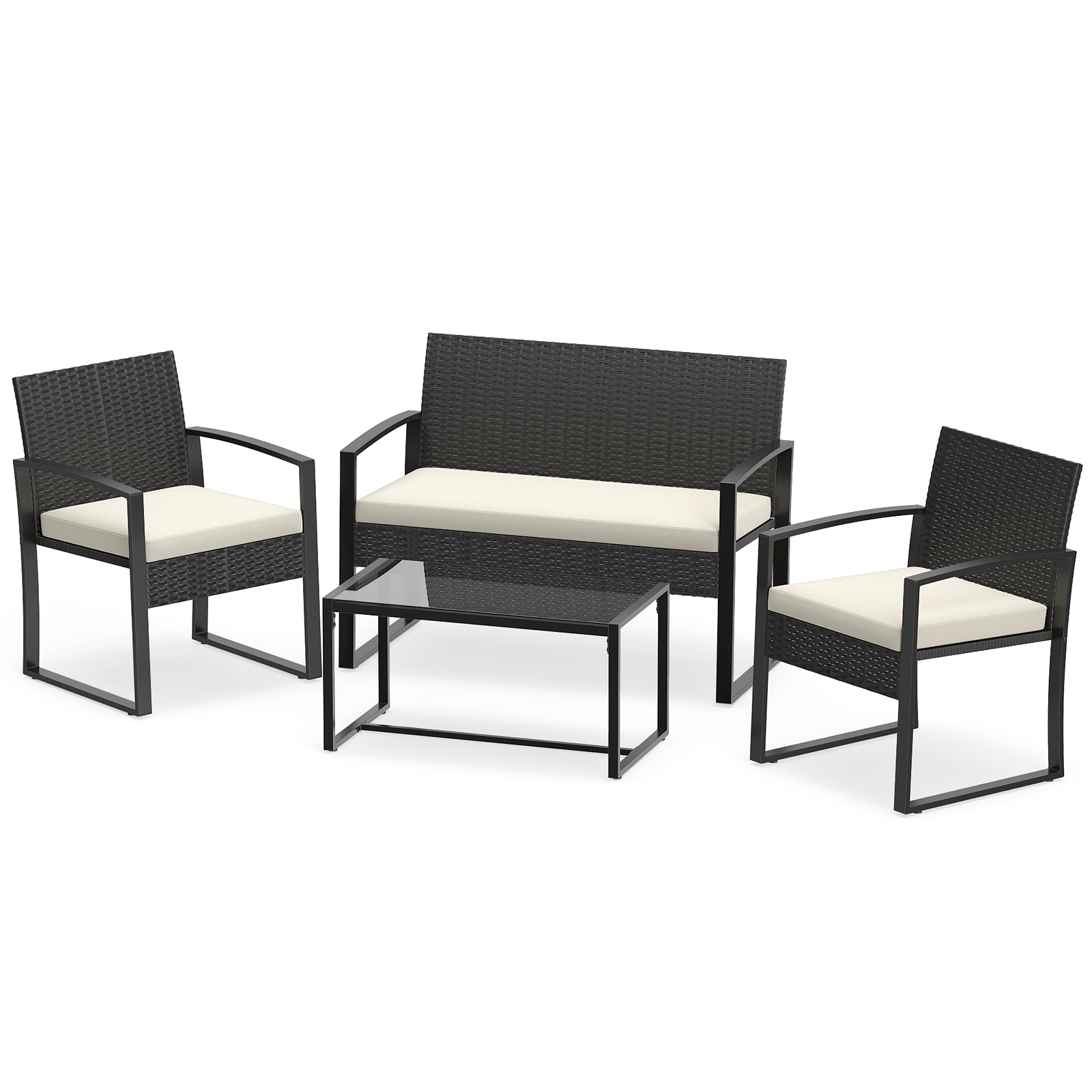 Costway Juego de Muebles de Jardín de 4 Piezas de Ratán PE Negro con Sofá de 2 Plazas 2 Sillones Mesa de Vidrio Templado y Cojines Color Crema para Terraza Pa