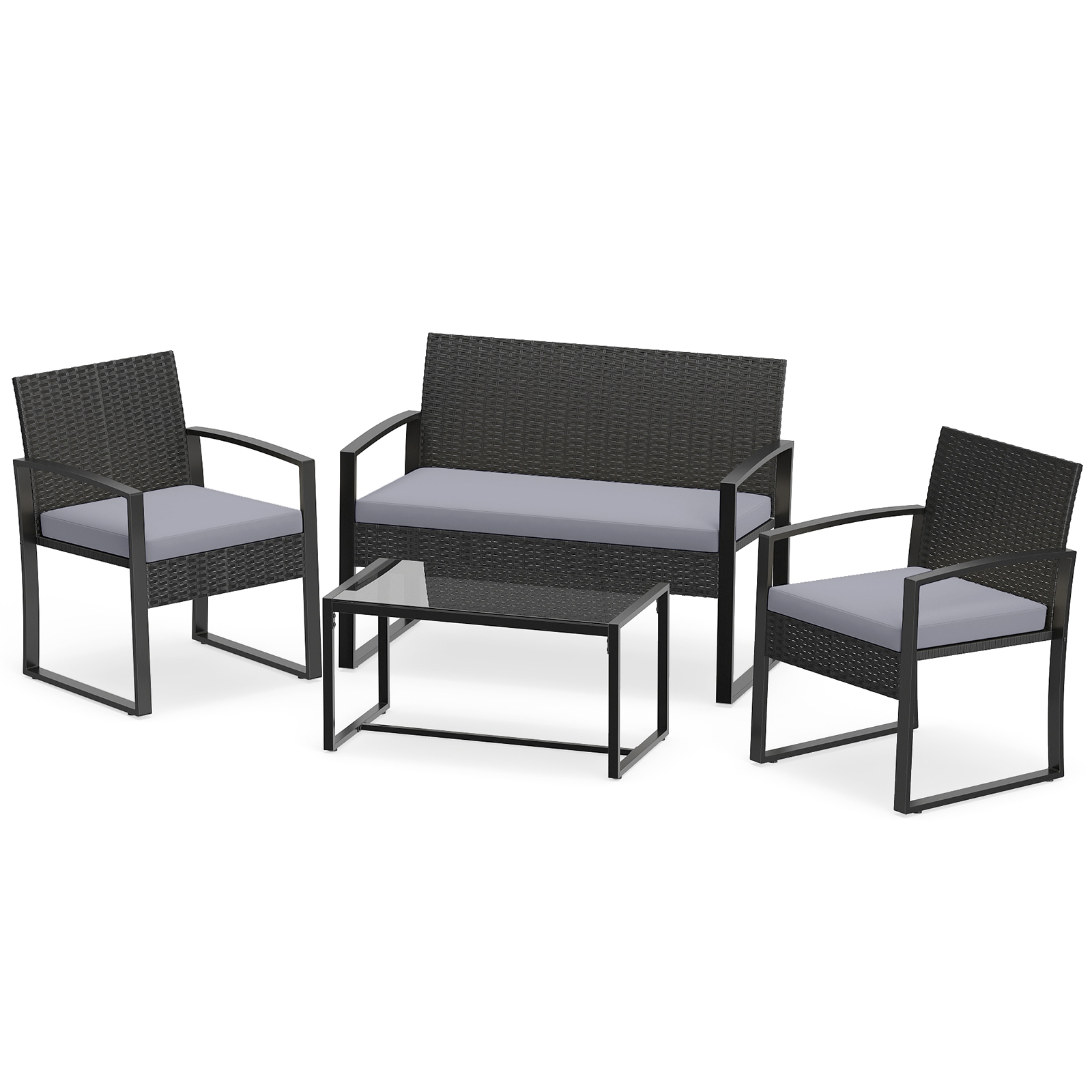 Costway Juego de Muebles de Jardín de 4 Piezas de Ratán PE Negro con Sofá de 2 Plazas 2 Sillones Mesa de Vidrio Templado y Cojines Color Gris para Terraza Pat
