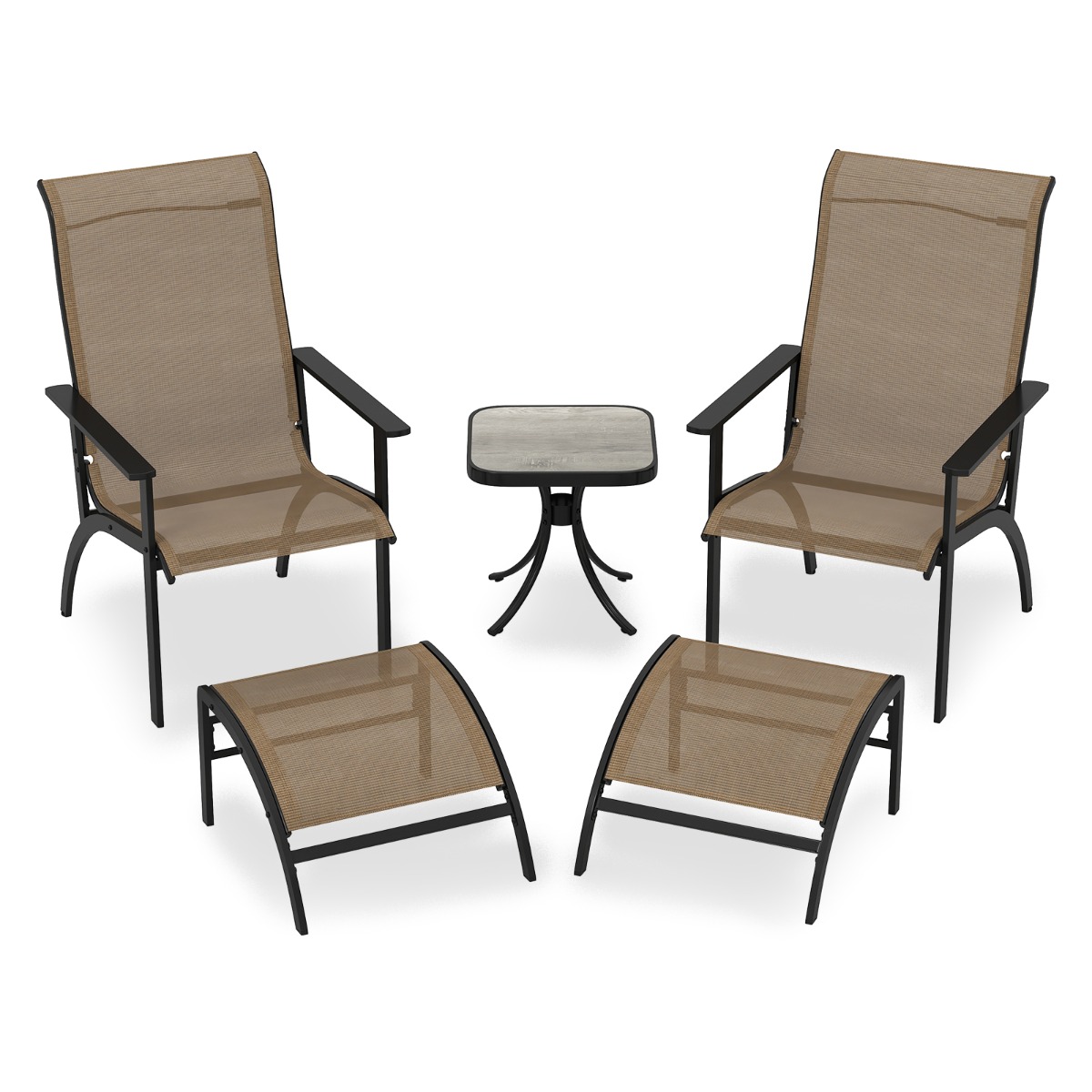 Costway Juego de Muebles de Jardín de 5 Piezas Sillas Ergonómicas con Reposapiés que Ahorran y Mesa Auxiliar Eestructura de Metal para Patio Piscina