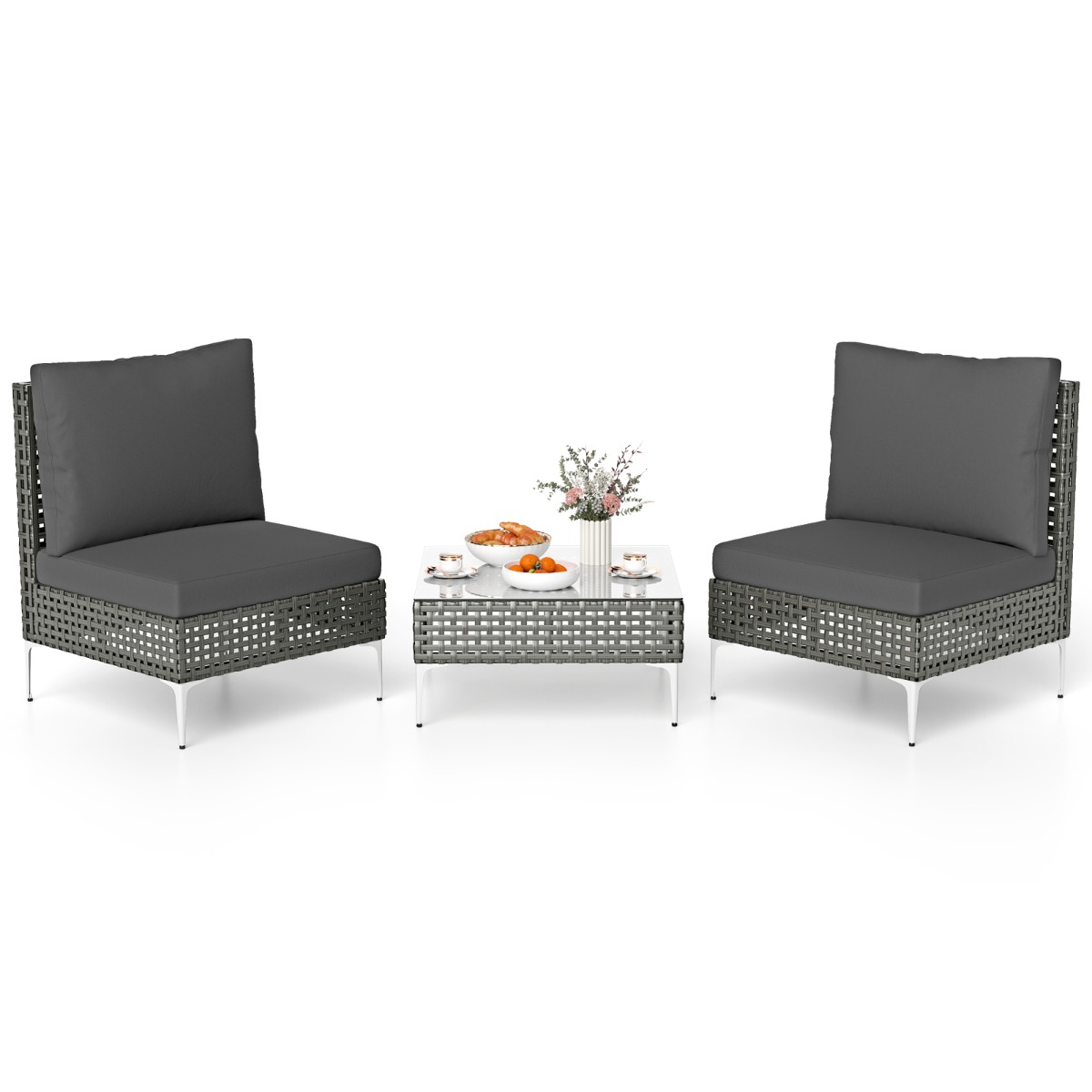 Costway Juego de Muebles de Jardín de Mimbre de 3 Piezas Conjunto de Muebles de Exterior con 2 Sillones 1 Mesa de Centro de Cristal Templado