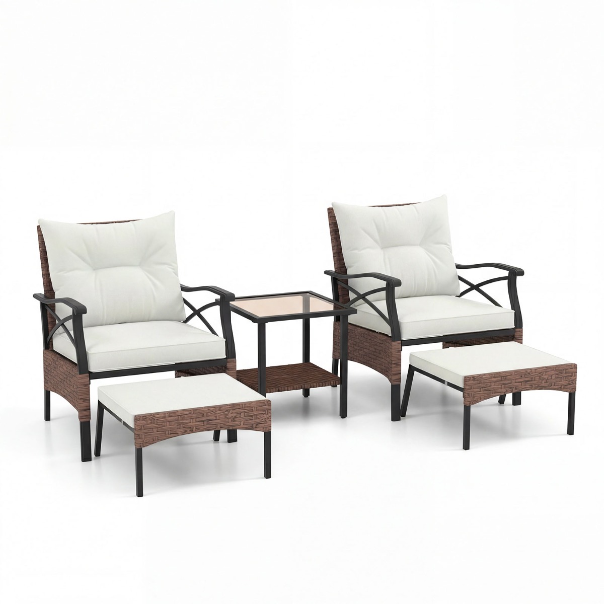 Costway Juego de Muebles de Mimbre de 5 Piezas con Otomanas Cojines Mesa Auxiliar de Vidrio Templado de 2 Niveles para Jardín Porche Marrón y Beige