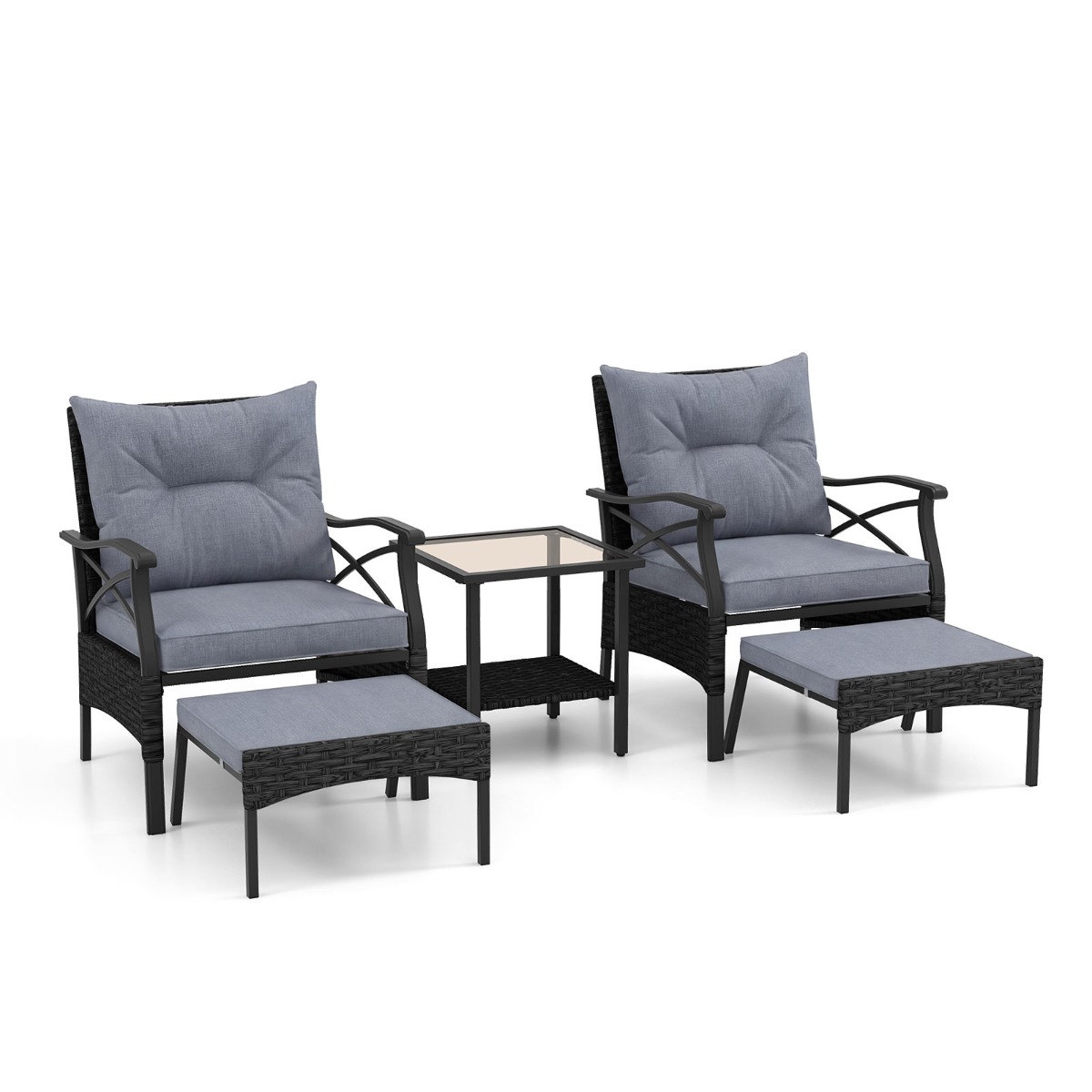 Costway Juego de Muebles de Mimbre de 5 Piezas con Otomanas Cojines Mesa Auxiliar de Vidrio Templado de 2 Niveles para Jardín Porche Negro y Gris Oscuro
