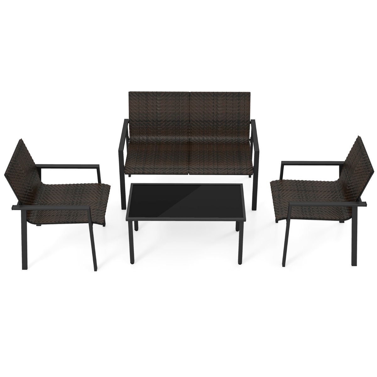 Costway Juego de Muebles de Patio de 4 Piezas con Marco de Metal Galvanizado Resistente Juego de Mesa y Sillas de Mimbre para Balcón