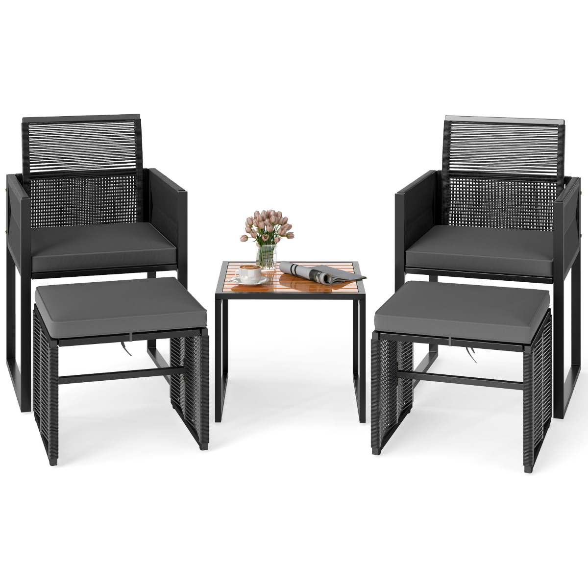 Costway Juego de Muebles de Patio de Ratán PE de 5 Piezas con Otomanas Cojines y Mesa de Café de Madera Acacia Juego de Conversación Exterior Gris
