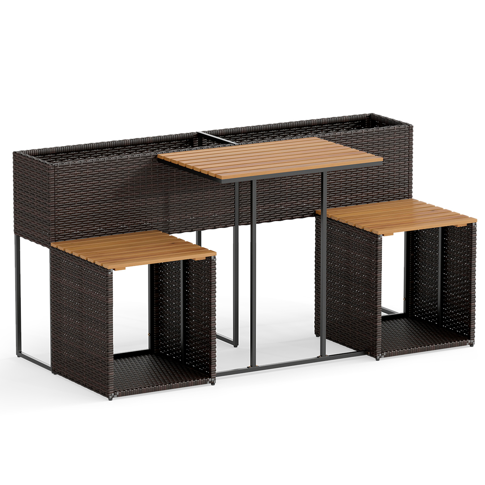 Costway Juego de Muebles Exterior con Cama Jardín Elevada Mesa Ratán PE Sillas Integradas Almacenaje para Patio Porche Marrón