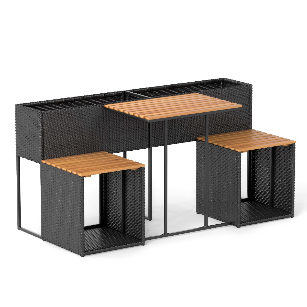 Costway Juego de Muebles Exterior con Cama Jardín Elevada Mesa Ratán PE Sillas Integradas Almacenaje para Patio Porche Negro