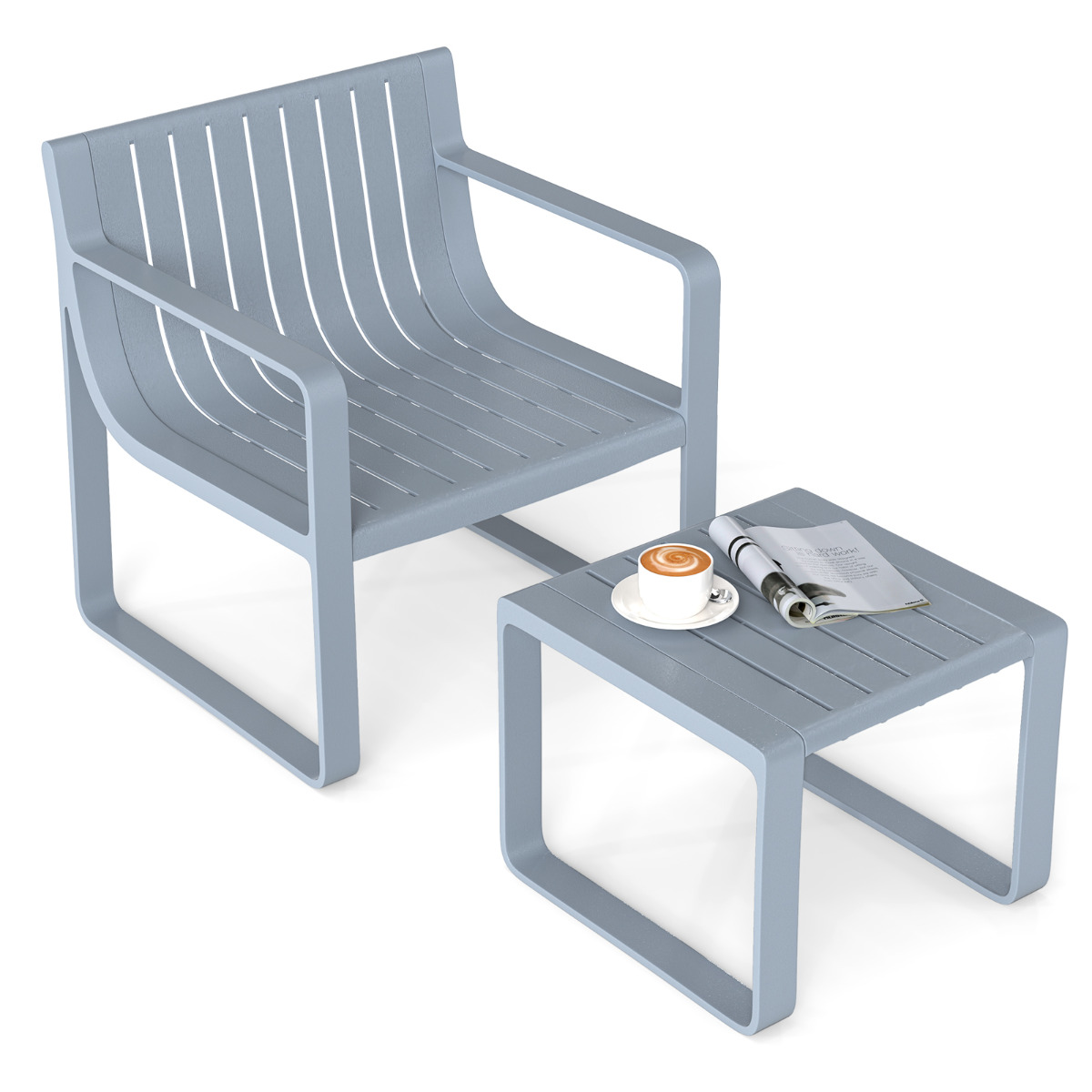 Costway Juego de Muebles para Patio de 2 Piezas Silla de PP con Mesa de Café Conjunto de Mesa y Silla Bistró de Listones para Porche y Jardín Gris