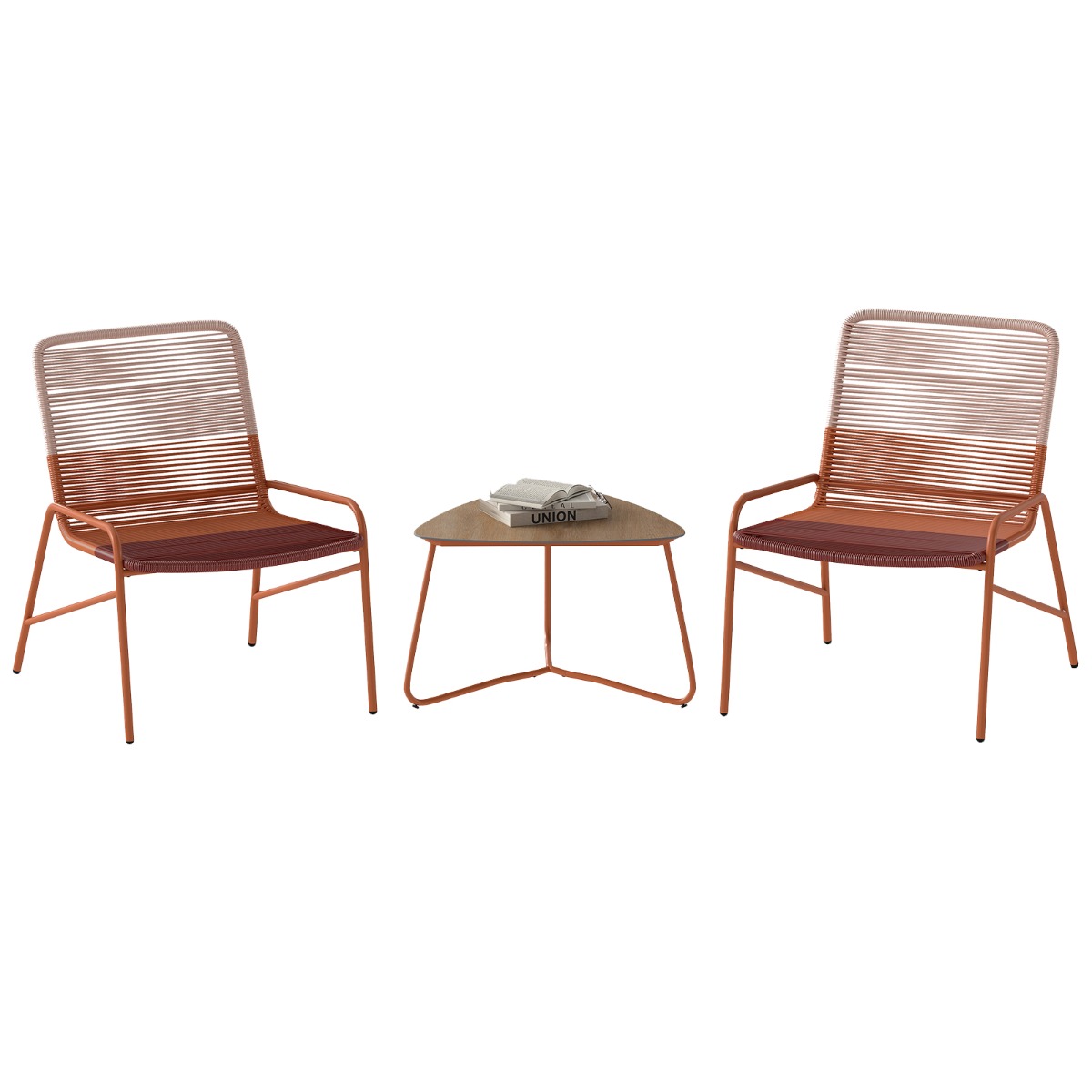 Costway Juego de Patio de 3 Piezas con Mesa de Centro Triangular y 2 Sillas Degradadas Conjunto de Ratán para Exteriores Terraza Naranja