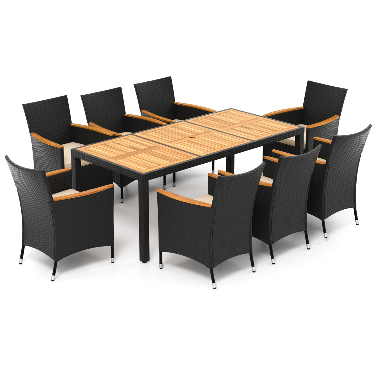Costway Juego de Patio de 9 Piezas para 8 Personas Conjunto de Conversación de Ratán con Agujero para Sombrilla Cojines Superficie de Madera de Acacia