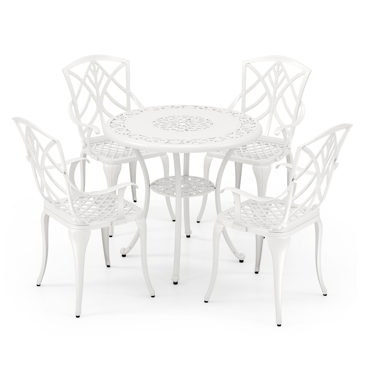 Costway Juego de Patio de Aluminio Fundido de 5 Piezas con Orificio para Sombrilla Set de Mesa y Silla de Exterior para Jardín Patio Balcón Blanco