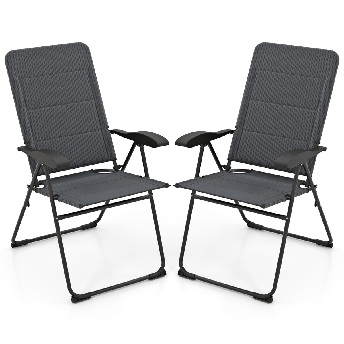 Costway Juego de Sillas Plegables de 2 Piezas para Exteriores con Respaldo Ajustable Soporte Ergonómico y Cojín de Asiento Marco de Metal Gris
