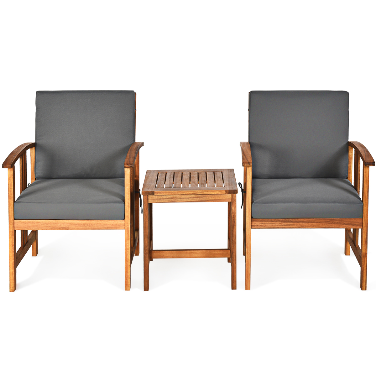 Costway Juego de Sofá para Exteriores de Madera de Acacia de 3 Piezas con Cojines Conjunto de Conversación Seccional Acolchado con Mesa de Café Gris