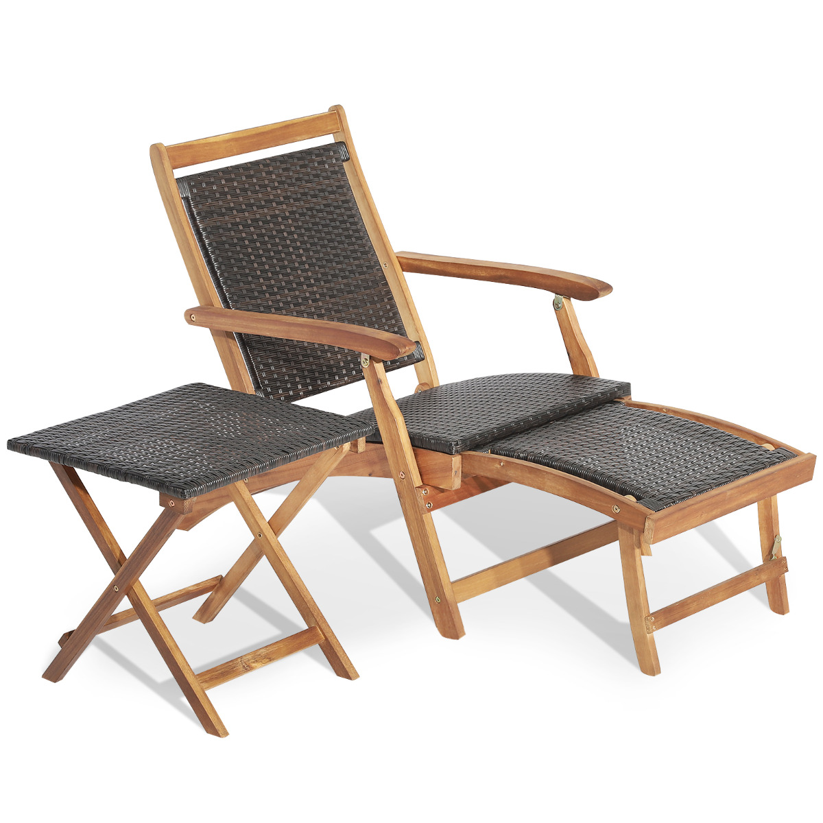 Costway Juego de Tumbona con Otomana Retráctil Mesa Mimbre PE Plegables Muebles de Exterior Madera Acacia para Jardín Patio