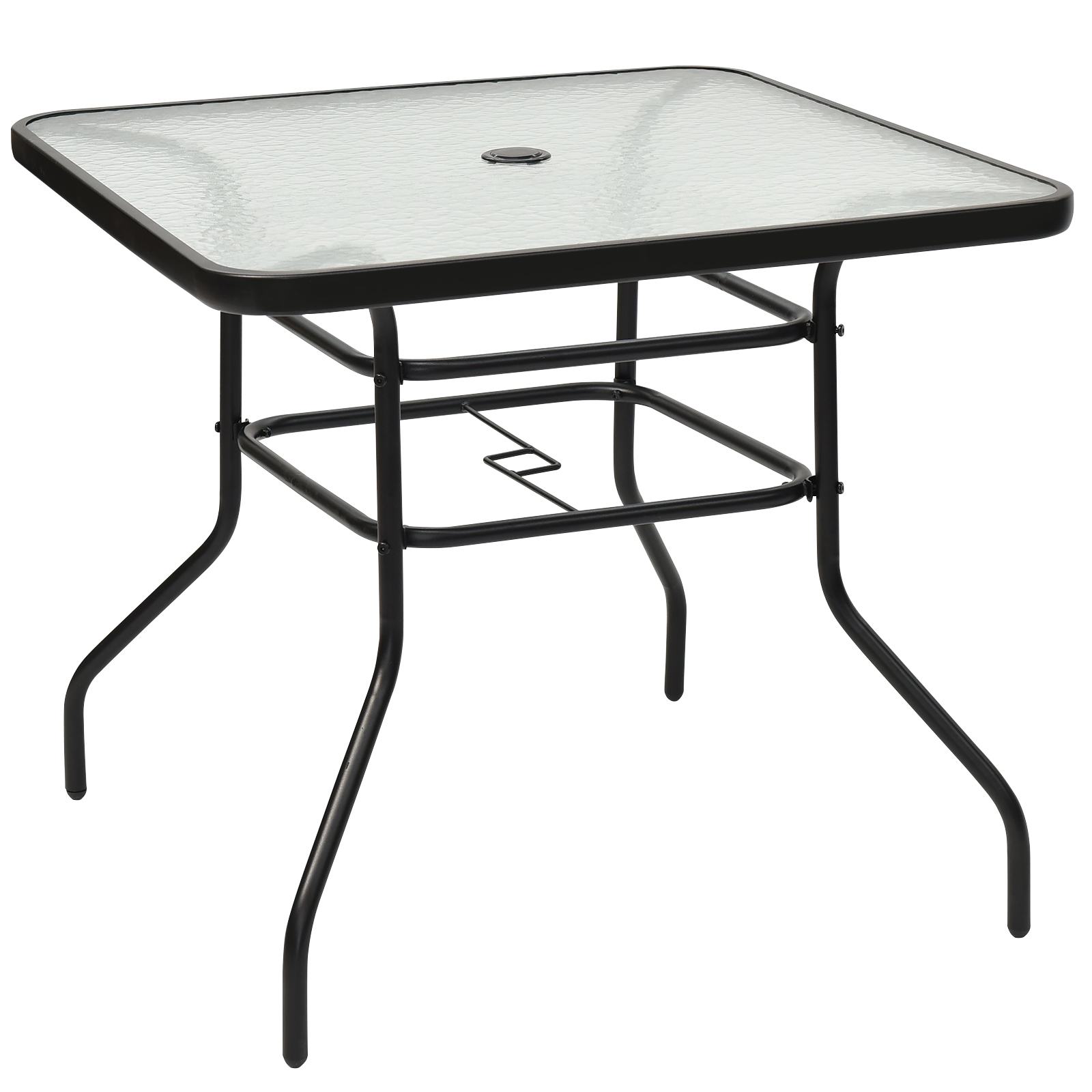 Costway Mesa Auxiliar con Tablero de Vidrio para Patio Mesita Baja de Té con Hoyo para Sombrilla en Metal para Jardín Balcón 81 x 81 x 71 cm Negro