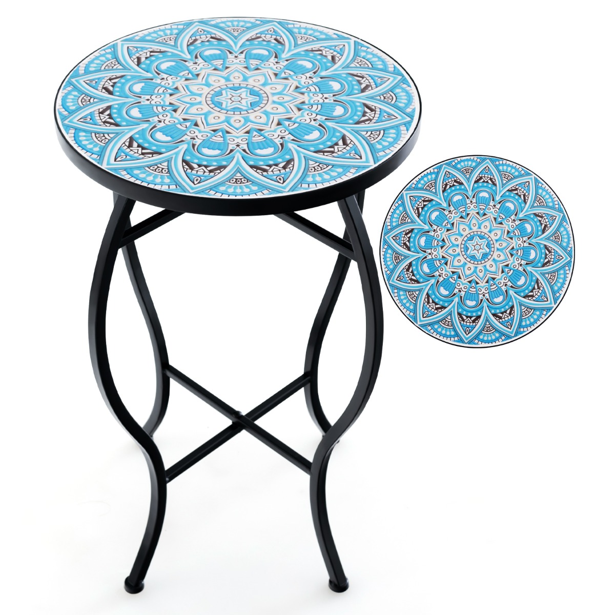 Costway Mesa Auxiliar de Exterior Mosaico con Tablero de Cerámica Resistente Soporte para Plantas Pequeña Mesa Redonda para Balcón y Jardín Azul