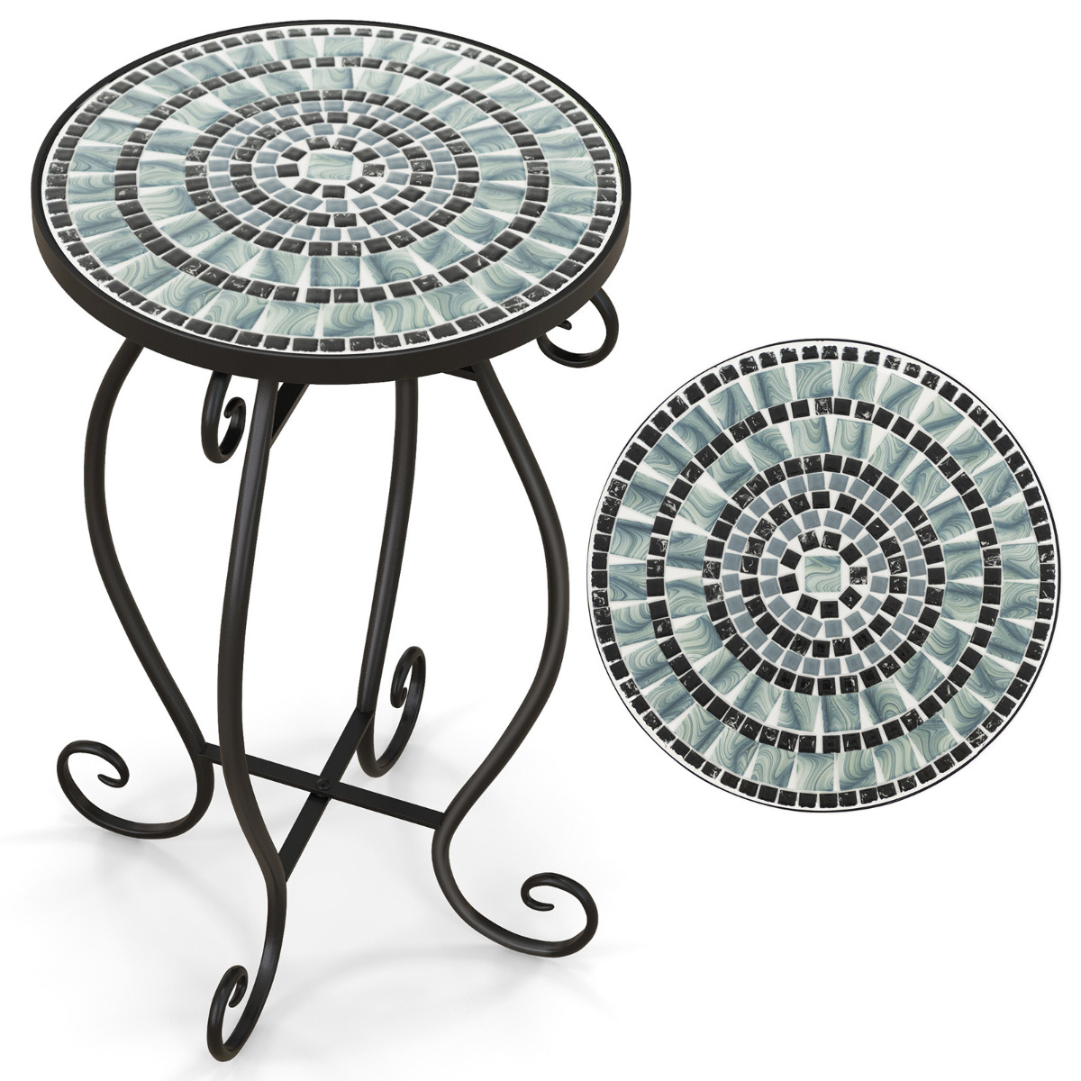 Costway Mesa Auxiliar Mosaico Exterior Mesa Redonda con Tablero de Cerámica Soporte para Plantas para Balcón Patio Jardín 30 x 30 x 50 cm Turquesa