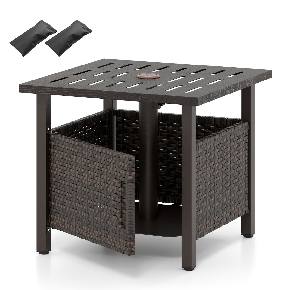 Costway Mesa Auxiliar para Exteriores con Agujero para Sombrilla Mesa de Café con Tablero de Aleación de Zinc-Hierro Mesa de Mimbre de 55,5 cm