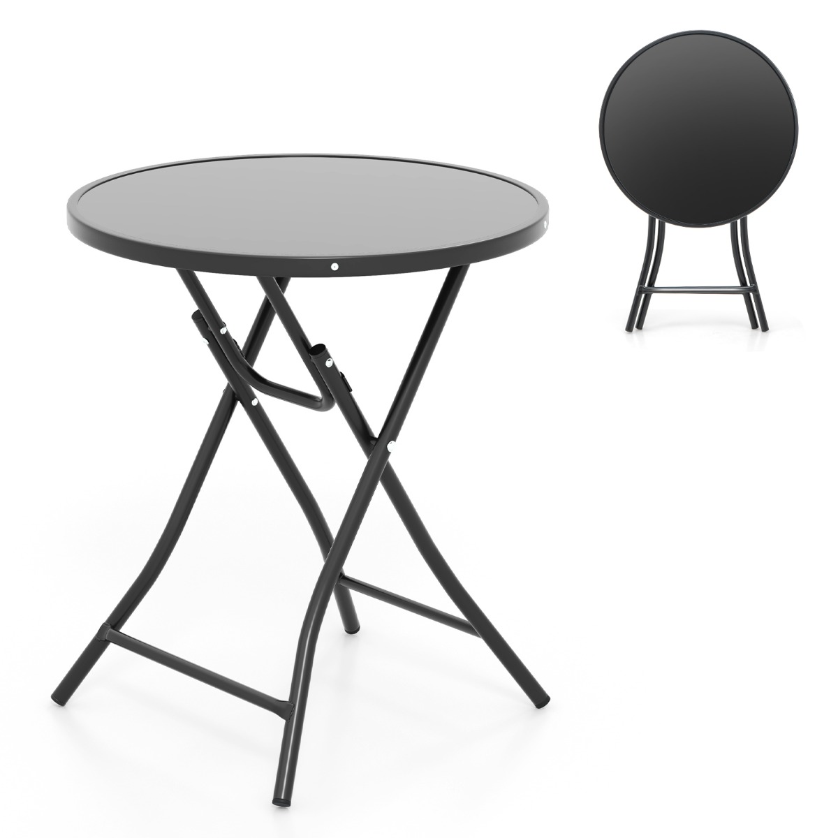 Costway Mesa Auxiliar Plegable con Tablero de Vidrio Templado Marco de Metal Mesa de Bistró Redonda para Terraza Patio y Trasero 59 x 67 cm Negro