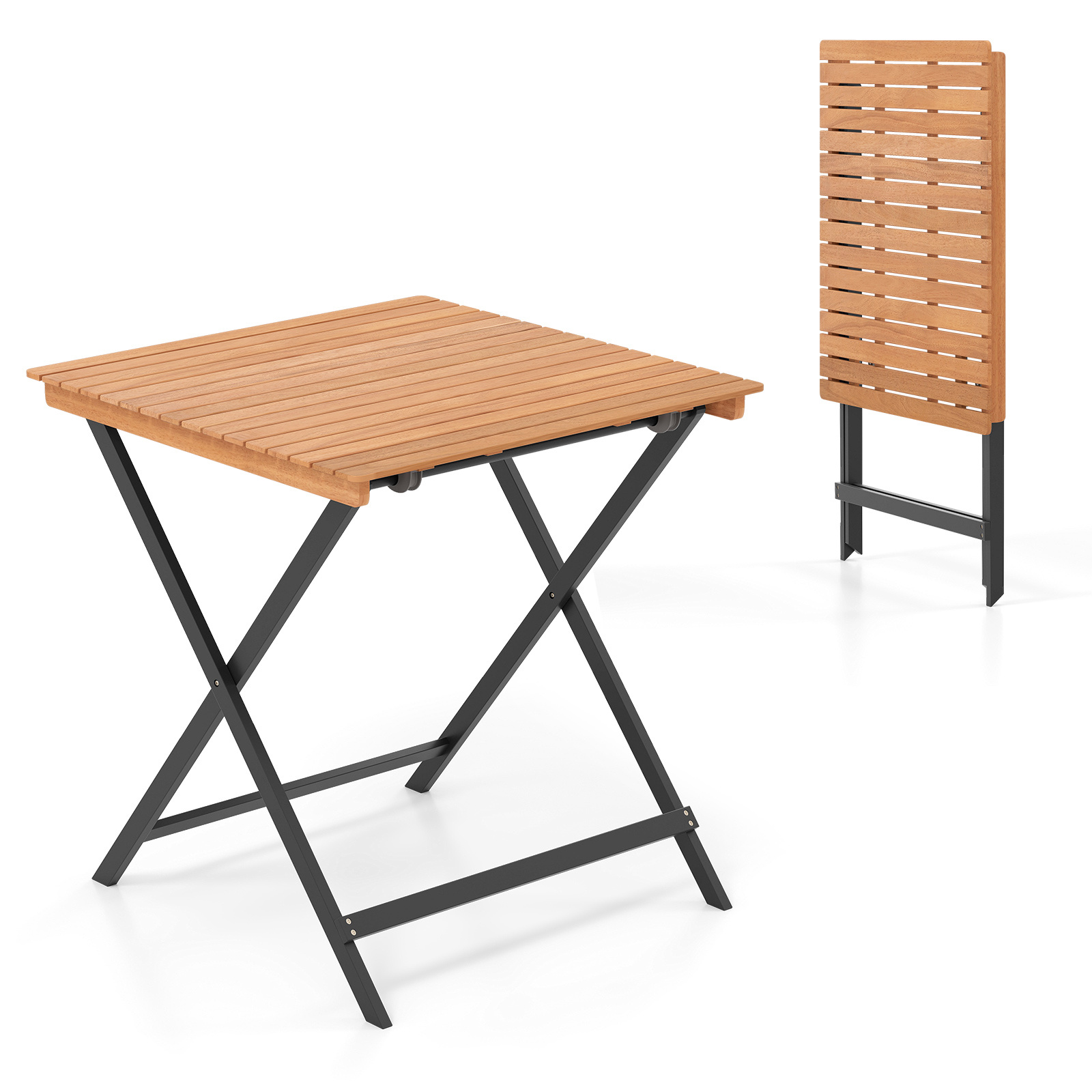 Costway Mesa Auxiliar Plegable Cuadrada de Madera de Acacia con Tablero de Listones y Travesaños Reforzados Portátil para Patio Terraza Salón