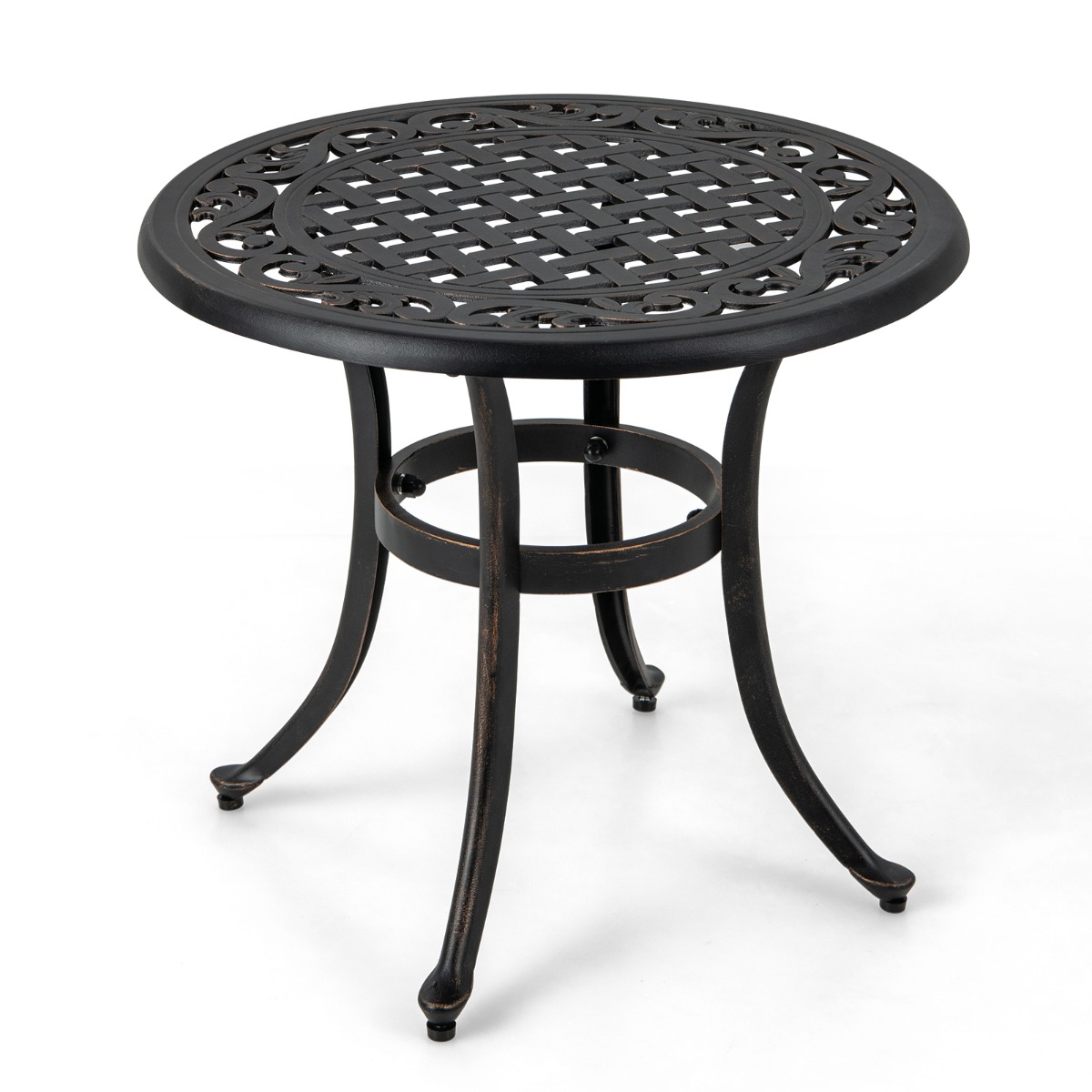 Costway Mesa Auxiliar Redonda con Estructura de Metal Almohadillas Ajustables Mesa de Café para Balcón Terraza Carga 50 kg 60 x 53 cm Marrón