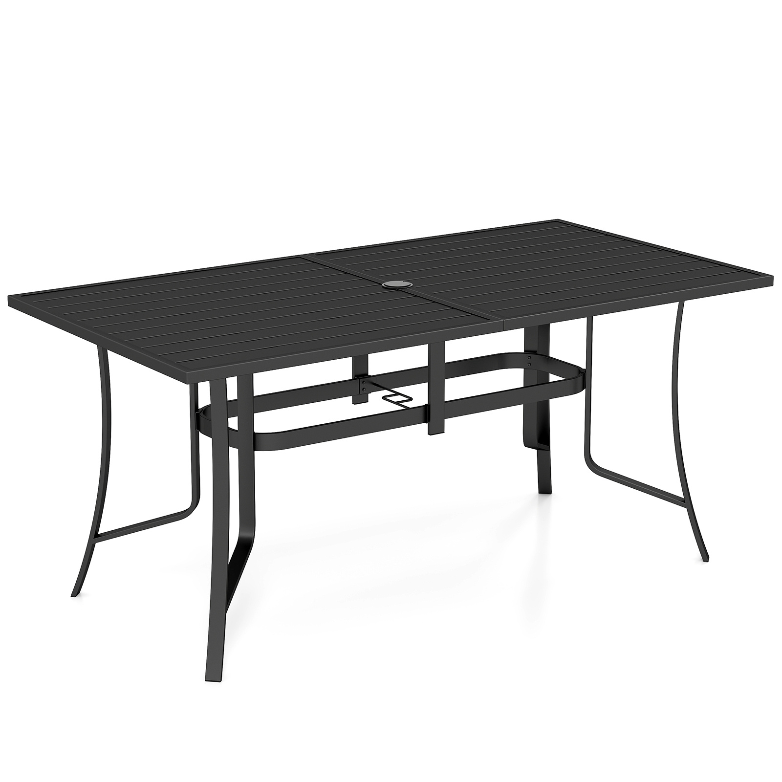 Costway Mesa Comedor Jardín 160x84x73cm para 6 Personas con Listones Orificio Sombrilla Carga 150kg para Patio Terraza Piscina Negro