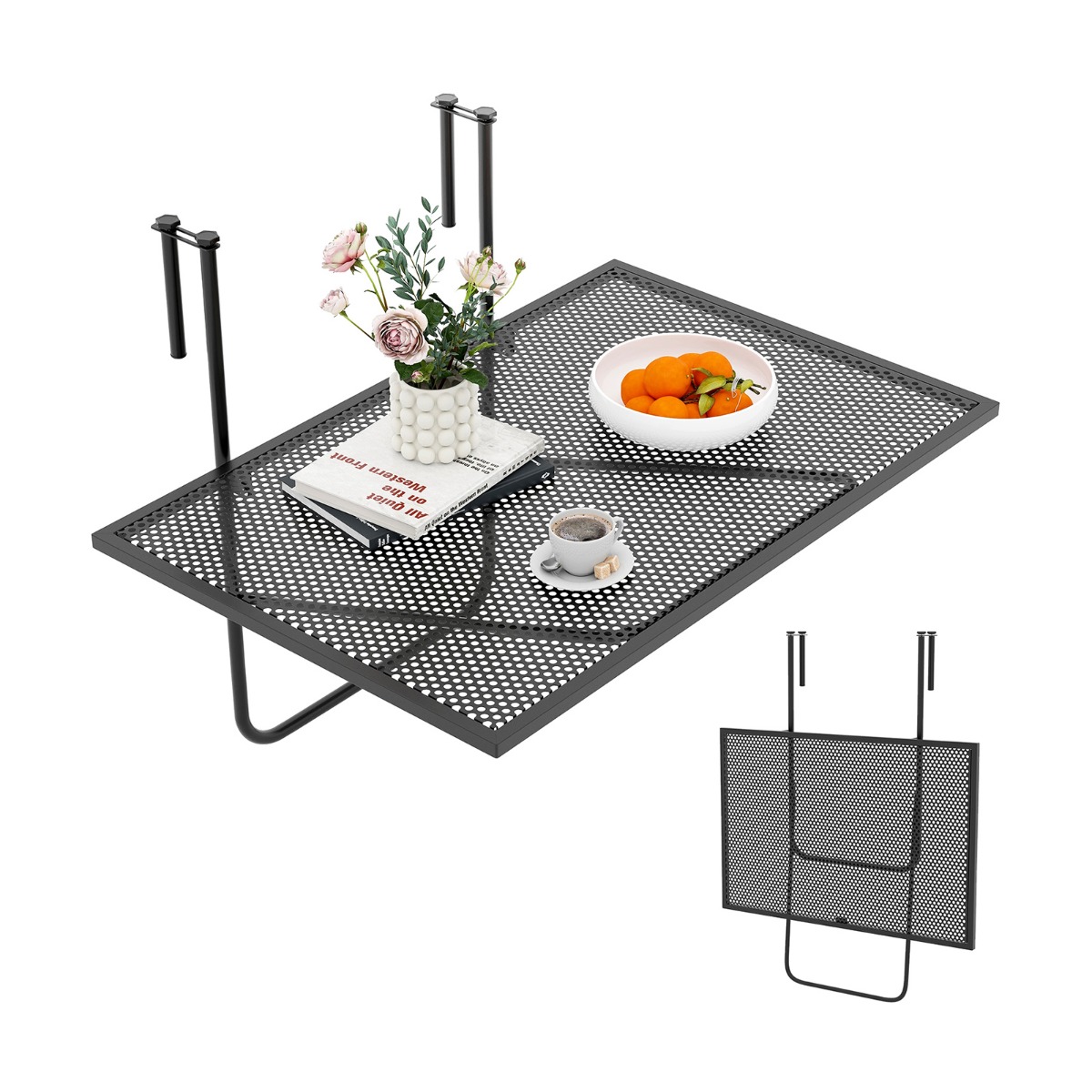 Costway Mesa de Barandilla de Balcón Mesa Colgante Plegable de Marco de Metal Espacio Se Adapta a Barandillas de Hasta 6 cm Grosor