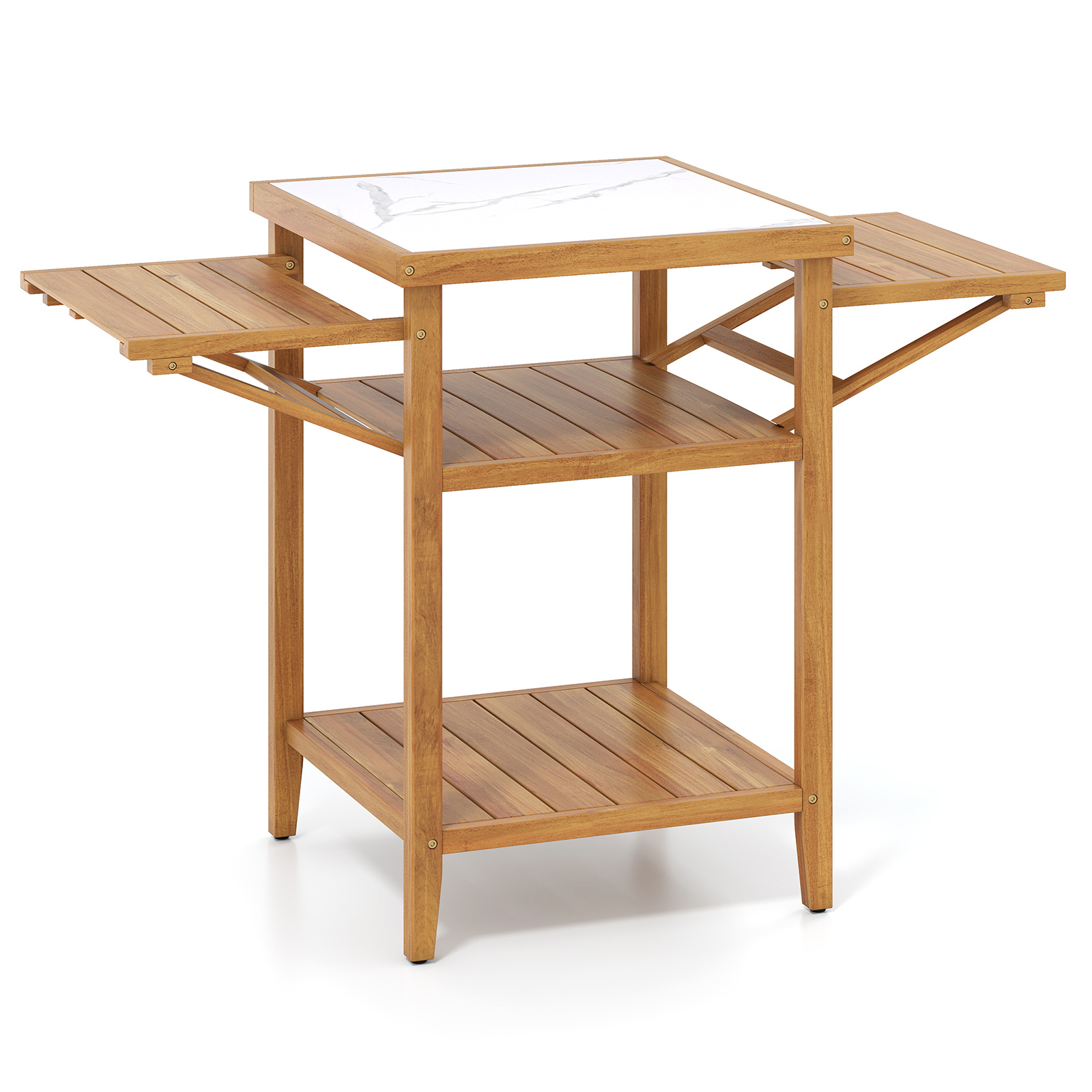 Costway Mesa de Barbacoa de Madera de Acacia con Bandejas Laterales Plegables y Estantes Almacenaje para BBQ Fiesta Patio Jardín