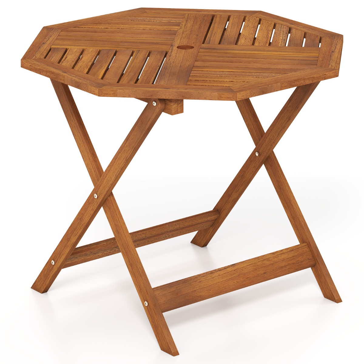 Costway Mesa de Comedor Madera Maciza con Agujero Sombrilla Tablero Listones Acabado Aceite Teca para Interior Exterior 90x90x72cm