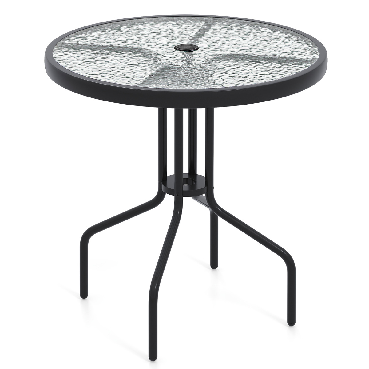 Costway Mesa de Comedor para Patio de 70 cm Mesa Redonda de Bistró con Estructura Metálica y Superficie de Vidrio Templado con Agujero para Sombrilla