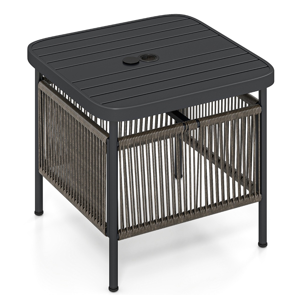 Costway Mesa de Jardín Mesa Cuadrada de Exterior con Agujero para Sombrilla y Encimera de Metal con Listones 56 x 56 x 49 cm Negro y Gris