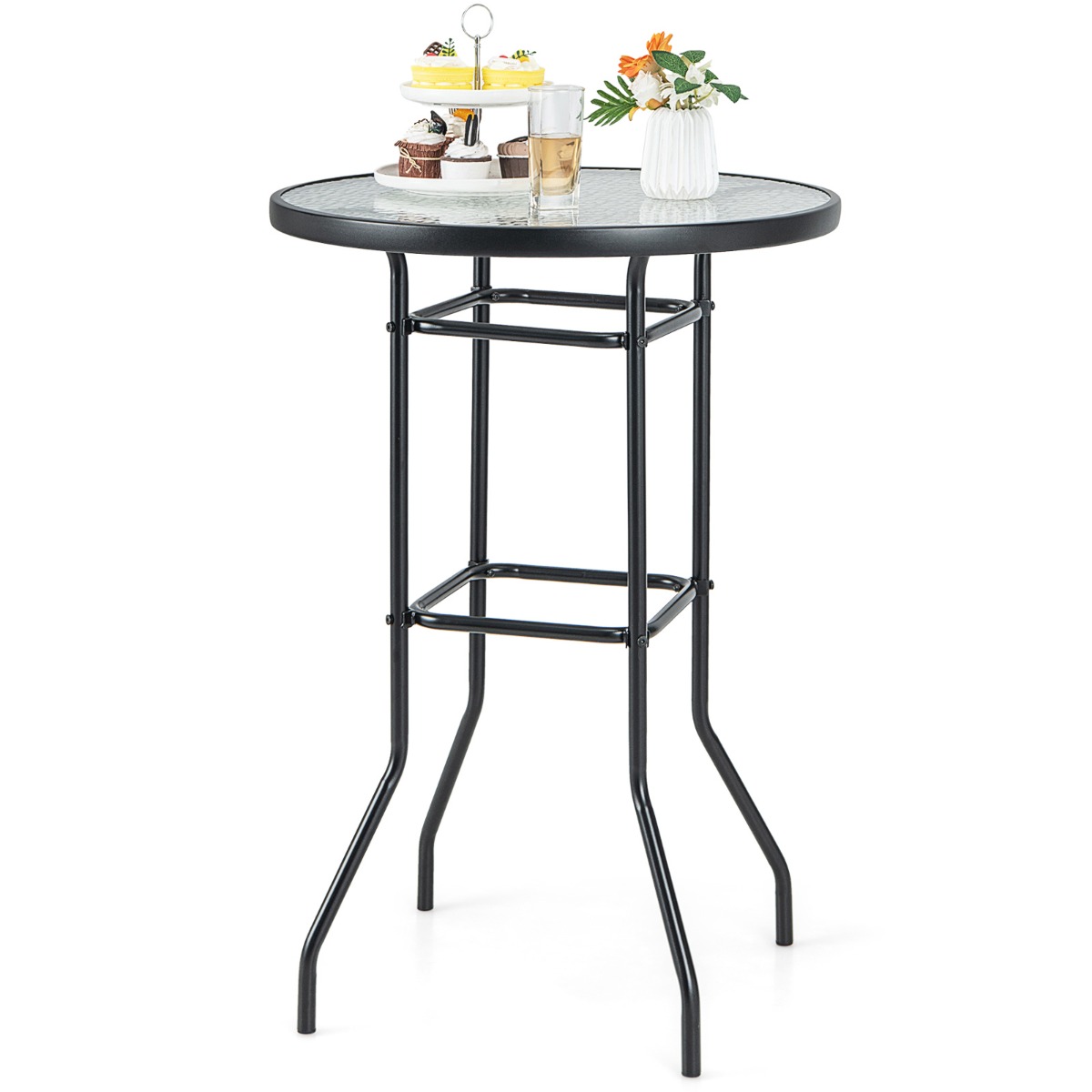 Costway Mesa de Jardín Redonda con Tablero de Vidrio Templado y Marco de Metal Resistente Carga 50kg 68 x 68 x 97 cm