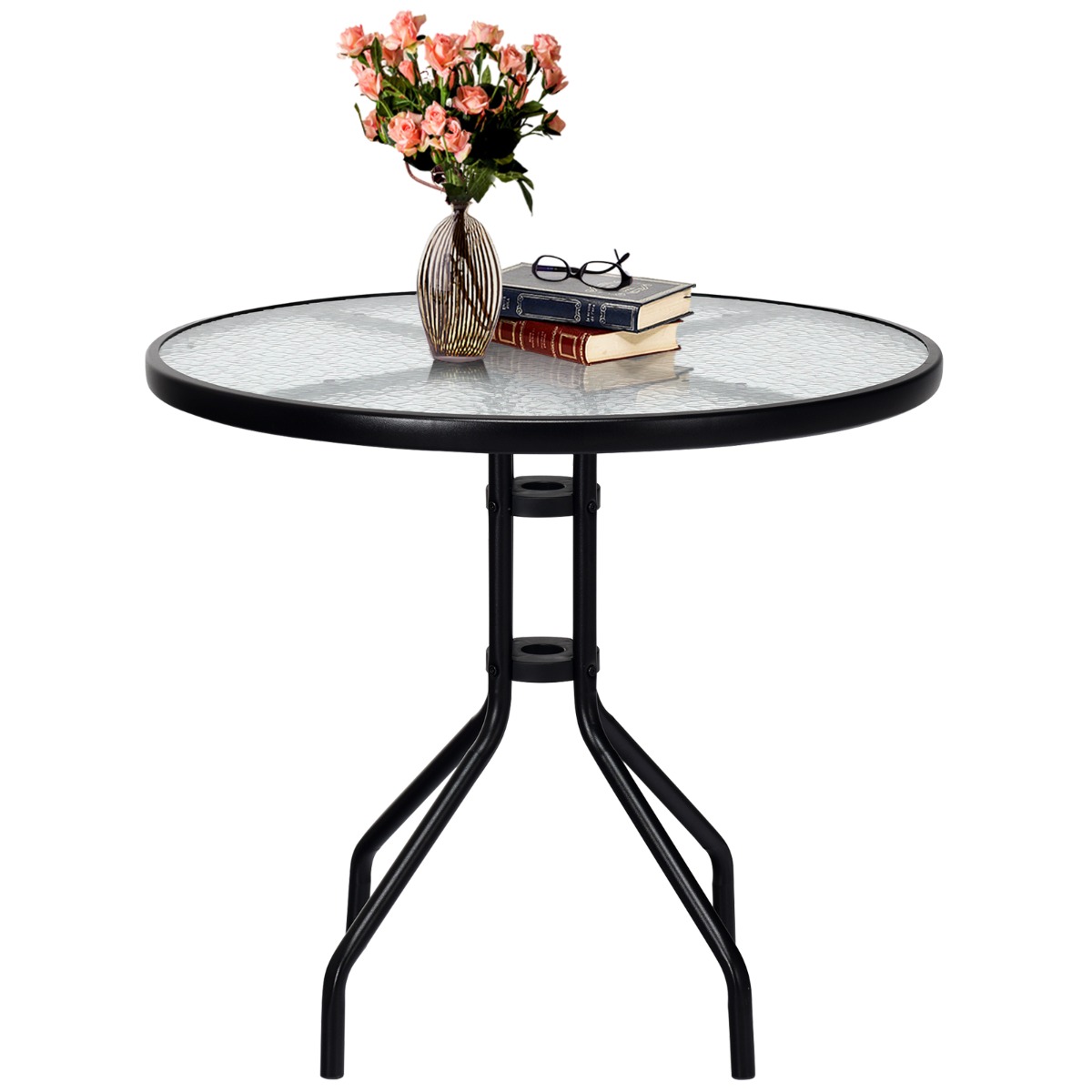 Costway Mesa de Patio de 70 cm con Orificio Tablero de Vidrio Templado y Patas de Metal Resistentes Mesa Auxiliar Decorativa para Jardín Balcón
