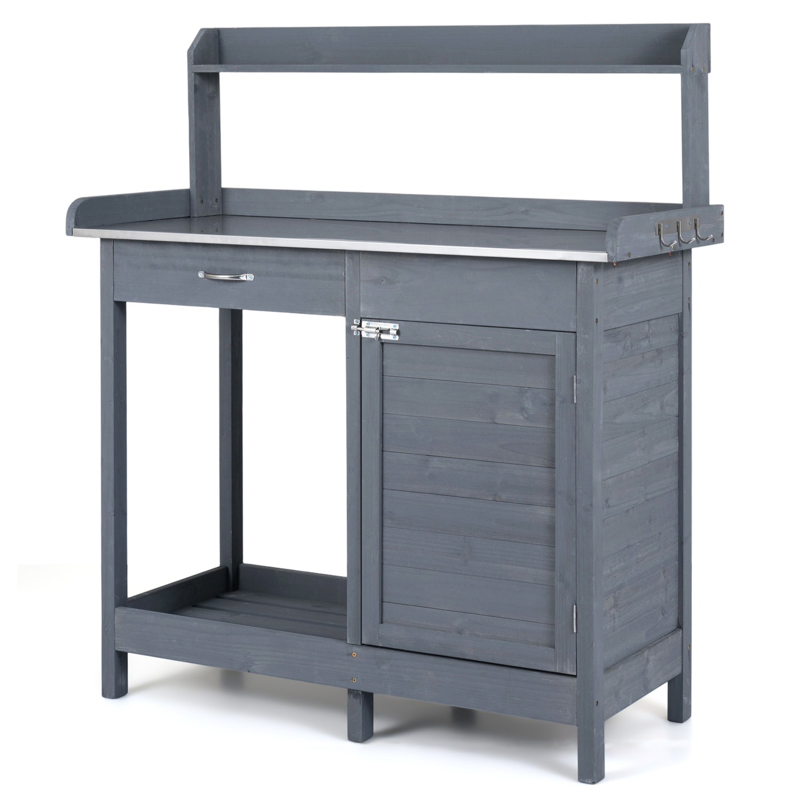 Costway Mesa de Trabajo de Jardín de Abeto con Cajón Armario y Encimera Inoxidable Carga 50 kg 112 x 46,5 x 125 cm Gris