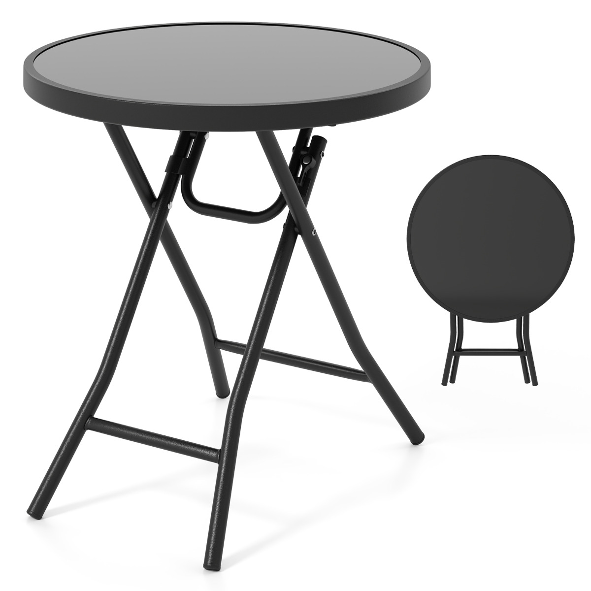 Costway Mesa Lateral Plegable de 46 cm Mesa de Café Redonda Compacta para Patio con Superficie de Vidrio Templado y Estructura Metálica