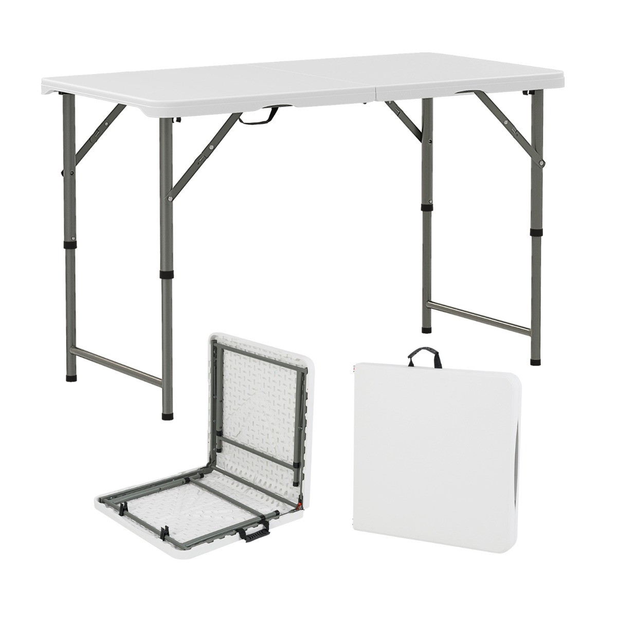 Costway Mesa Plegable Blanca Regulable en 3 Alturas Portátil con Soporte Metálico Resistente para Picnic Terraza y Interior 122 cm Blanco