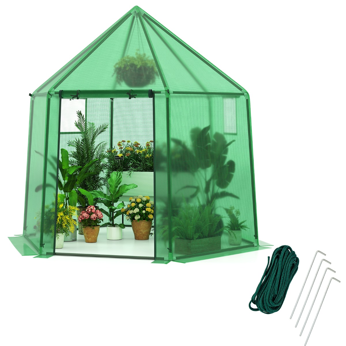 Costway Mini Invernadero Casa Caliente Portátil con Cubierta de PE con Revestimiento de PE Antióxido Puerta Enrollable con Cremallera Verde