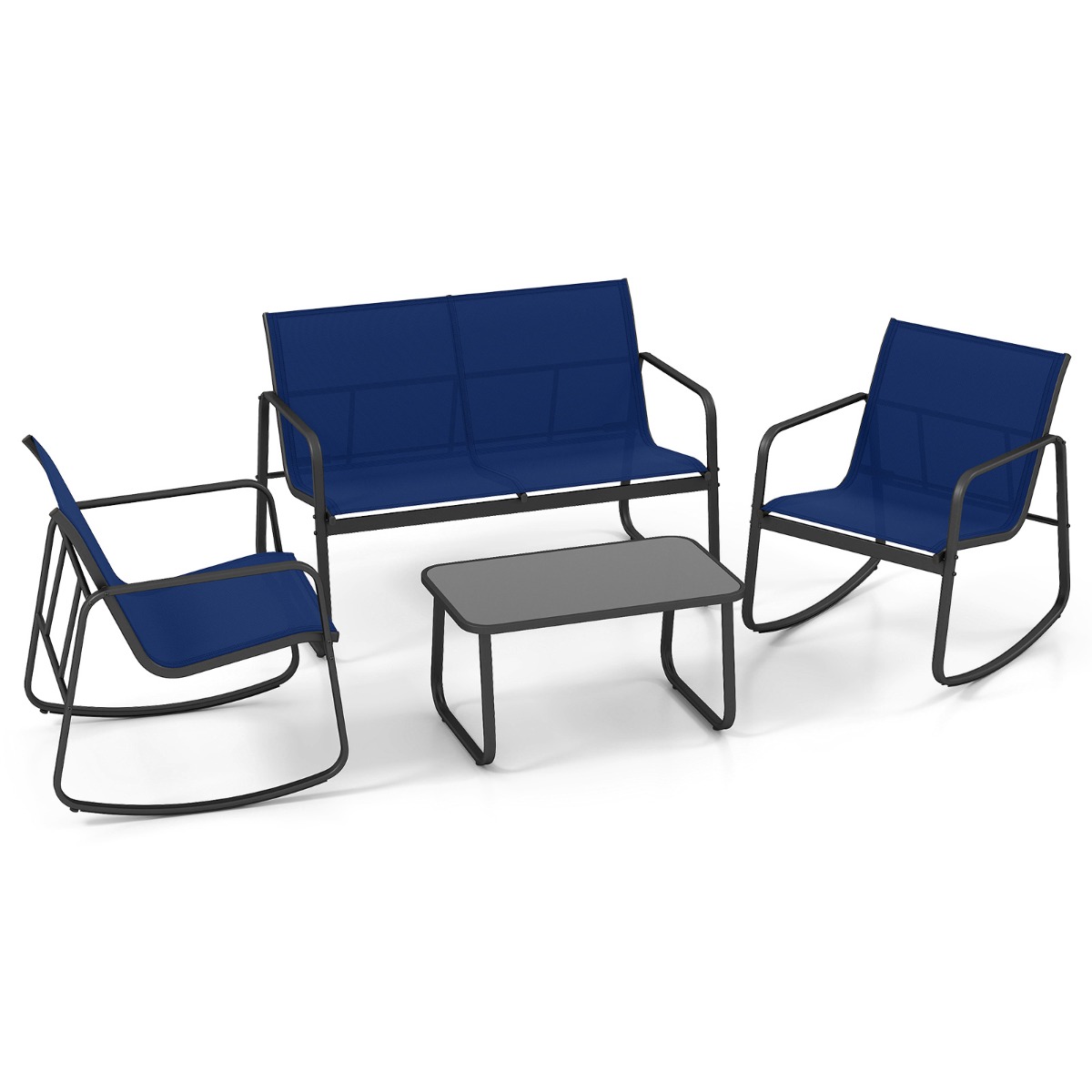 Costway Muebles Jardín Exterior 4 Piezas 2 Mecedoras y Sofá de 2 Plazas con Mesa con Tapa de Cristal Conjunto Jardín Exterior Azul Marino