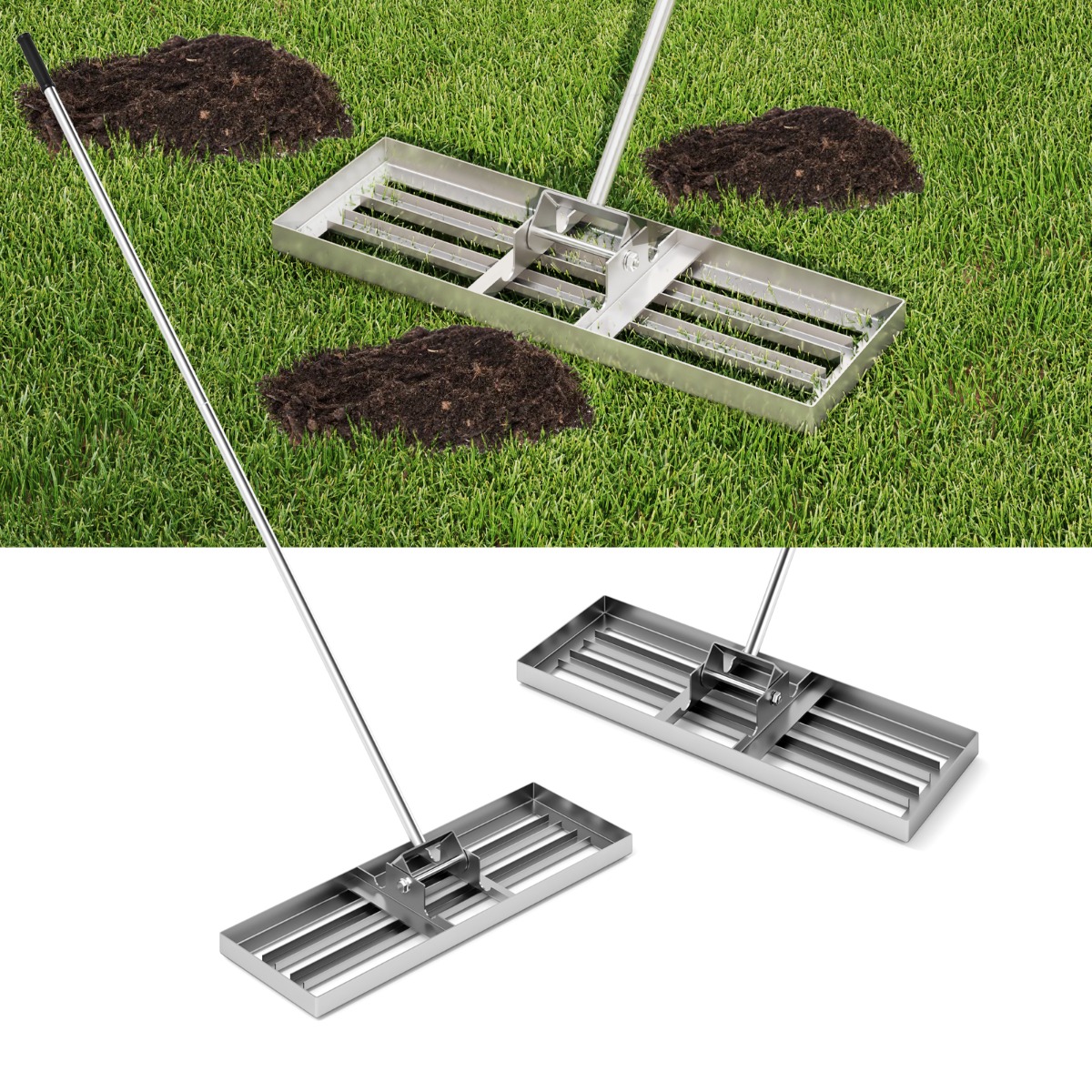 Costway Rastrillo Nivelador de Césped 75 x 25 cm Herramienta de Césped Resistente con Mango Ergonómico para Suelo para Jardín Patio Granja