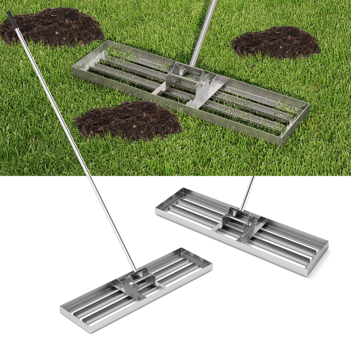 Costway Rastrillo Nivelador de Césped 91 x 25 cm Herramienta de Césped Resistente con Mango Ergonómico para Suelo para Jardín Patio Granja