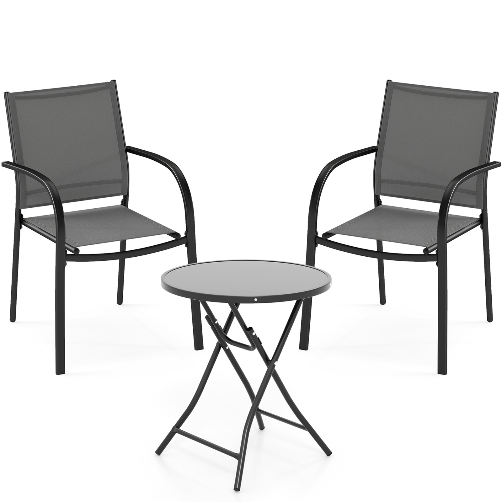 Costway Set de 2 Sillas de Patio Apilables con Asiento Transpirable 150kg y Mesa Plegable con Tablero Vidrio Templado 59cm para Jardín