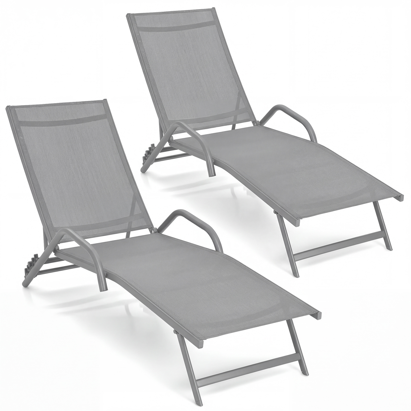 Costway Set de 2 Tumbonas de Exterior Sillones Reclinables Ajustable en 5 Posiciones Asiento Transpirable para Patio Jardín Piscina Gris